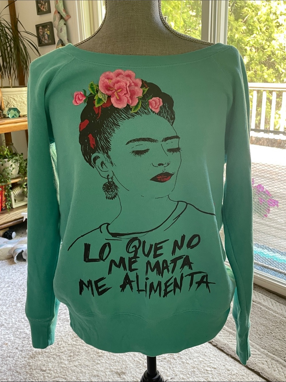 Women's Teal Crewneck Sweatshirt with Frida Kahlo Graphic